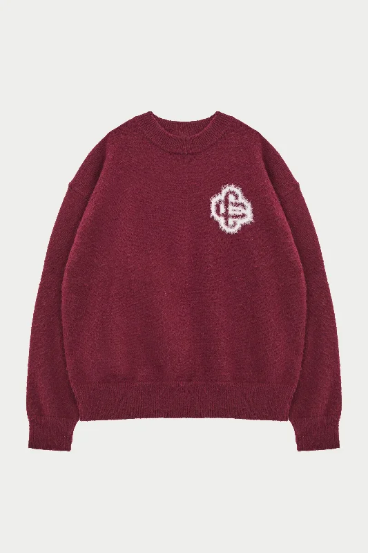 FLUFFY EMBLEM KNITTED CREW - BURGUNDY