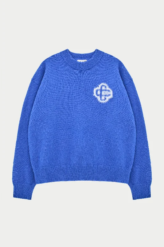 FLUFFY EMBLEM KNITTED CREW - COBALT