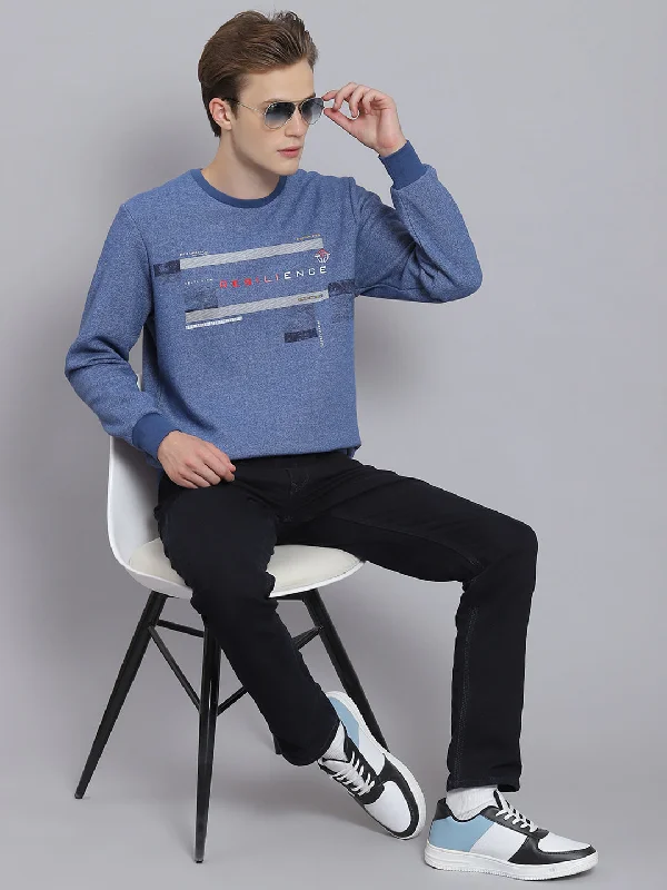 Men Blue Printed Round Neck Full Sleeve Sweatshirt