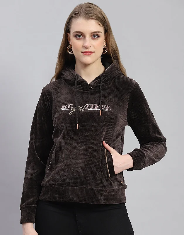 Women Brown Embroidered Hooded Full Sleeve Sweatshirt