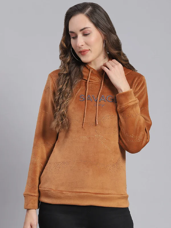 Women Brown Printed Hooded Full Sleeve Sweatshirts