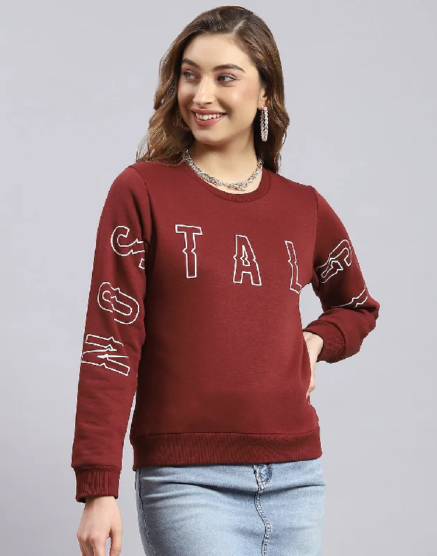 Women Brown Printed Round Neck Full Sleeve Sweatshirt