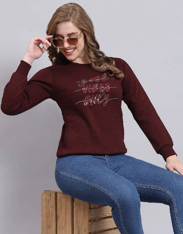 Women Maroon Embroidered Round Neck Full Sleeve Sweatshirt