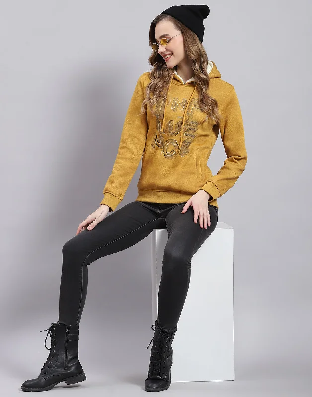 Women Mustard Printed Hooded Full Sleeve Sweatshirt