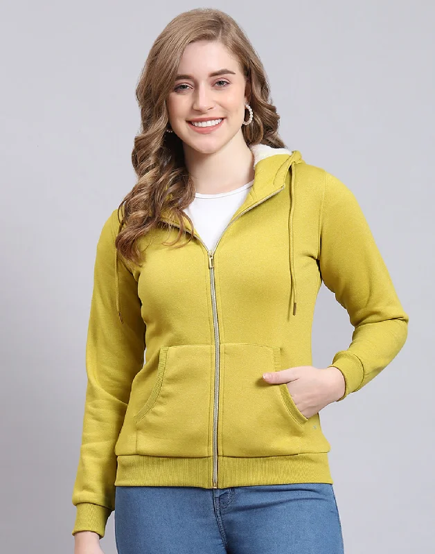 Women Mustard Solid Hooded Full Sleeve Sweatshirt