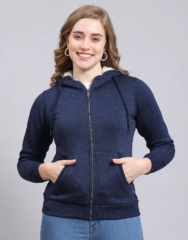 Women Navy Blue Solid Hooded Full Sleeve Sweatshirt