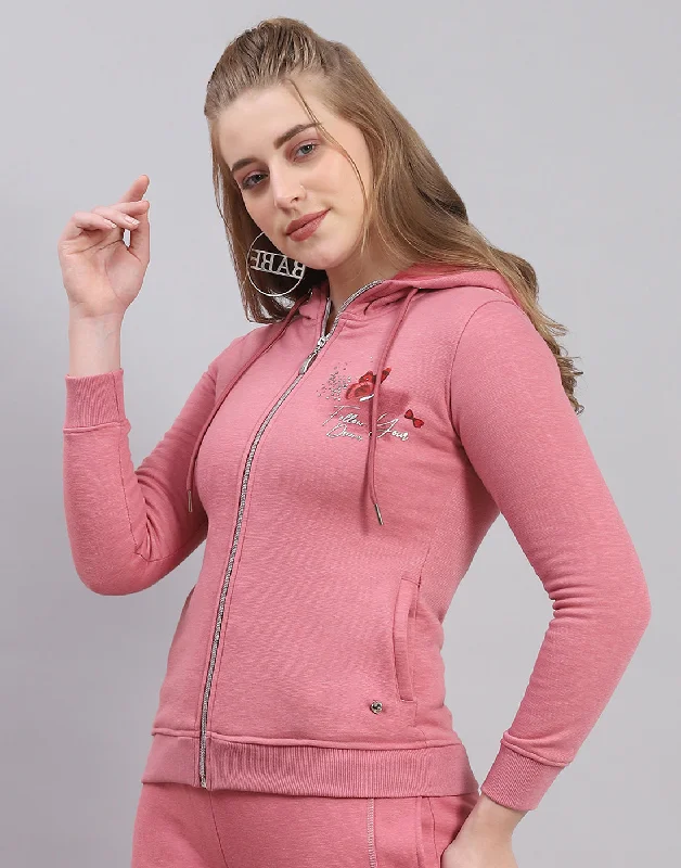 Women Pink Printed Hooded Full Sleeve Sweatshirt