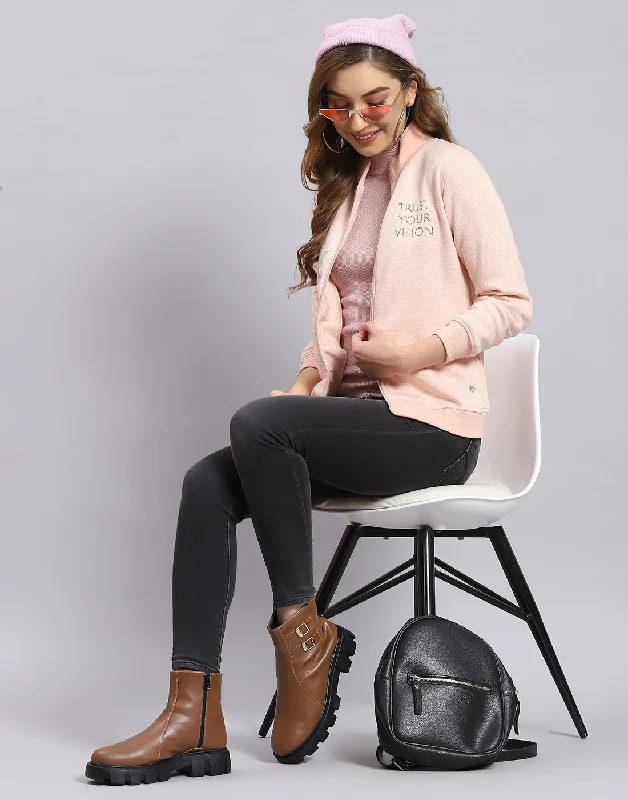 Women Pink Printed Stand Collar Full Sleeve Sweatshirt