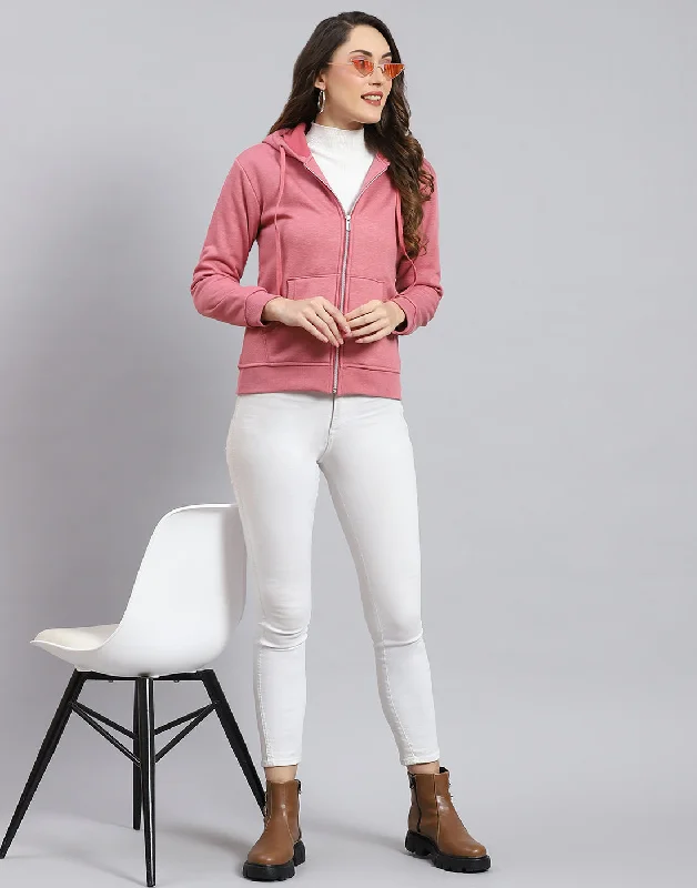 Women Pink Solid Hooded Full Sleeve Sweatshirt