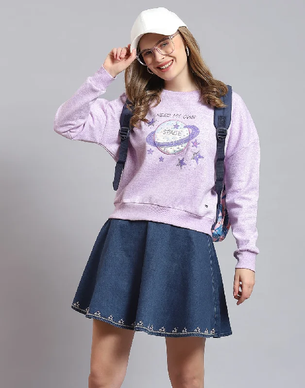 Women Purple Embellished Round Neck Full Sleeve Sweatshirt