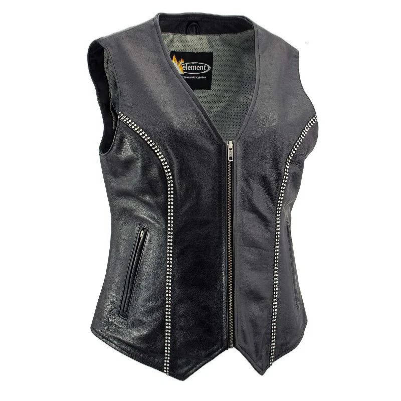 Xelement XS24002 Women's 'Bling' Black Leather V-Neck Motorcycle Rider Vest with Rhinestone Bling Detail