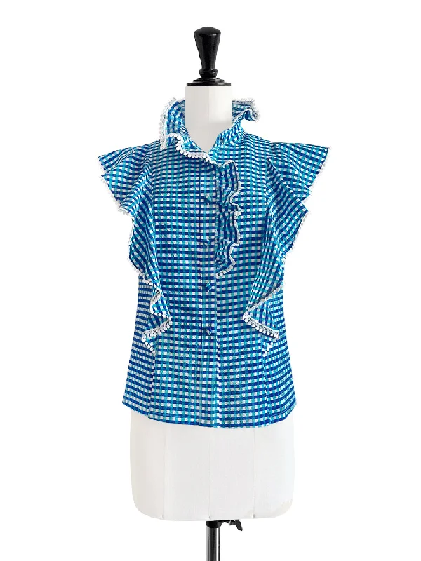 Restock! Blue Gingham Lace Dotty Trim Ruffle Button-Up Top