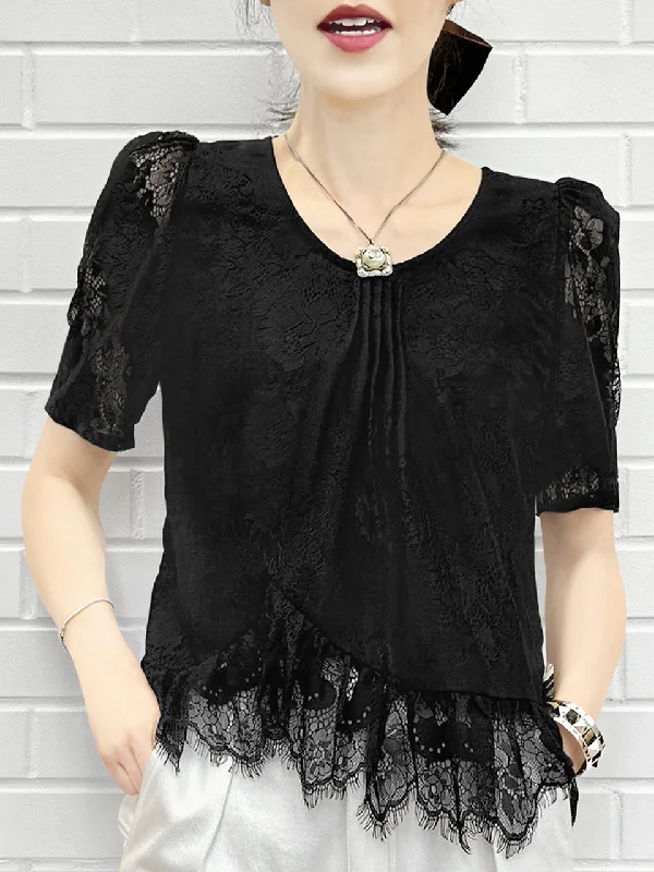 Classy Black Floral Lace Pleat Collar Peplum Blouse