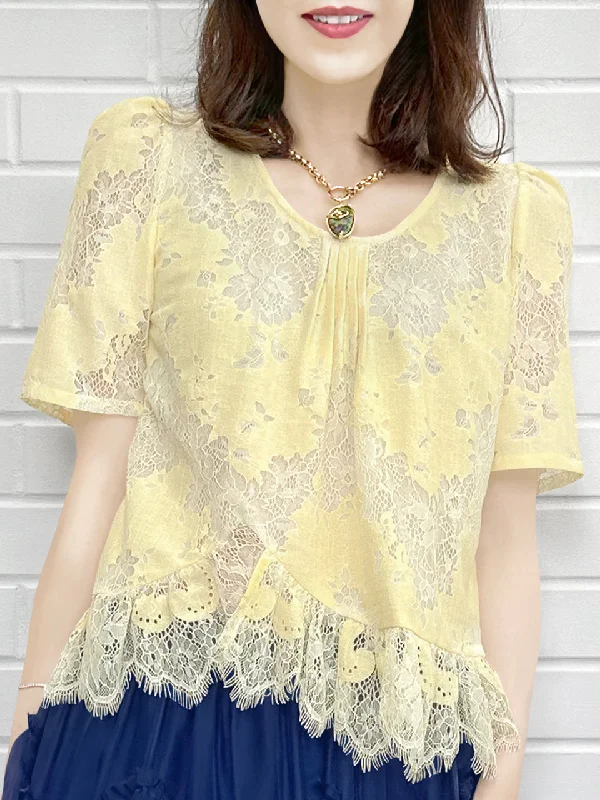 Custard Yellow Floral Lace Pleat Collar Peplum Blouse