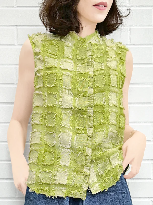 Last Chance! Green Tweed Knit Tassel Check Sleeveless Blouse