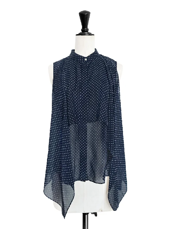 Navy Dots Cape Front Airy Sleeveless Longline Shirt