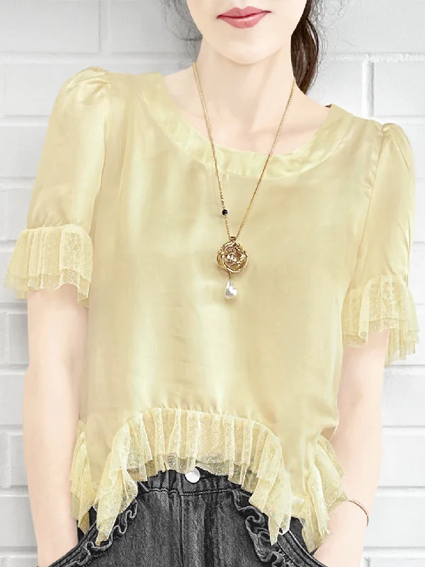 Last Chance! Tonal Yellow Mix Detail Asymmetric Hem Ruffle Top