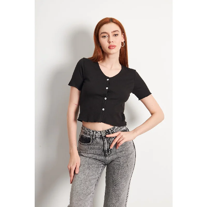 Black Button Down Crop Top