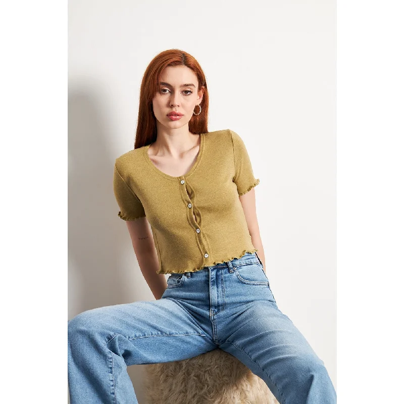 Green Melange Button Down Crop Top