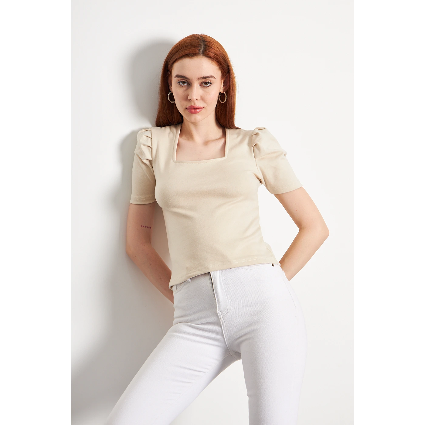 Beige Square Neck Puff Sleeves Top