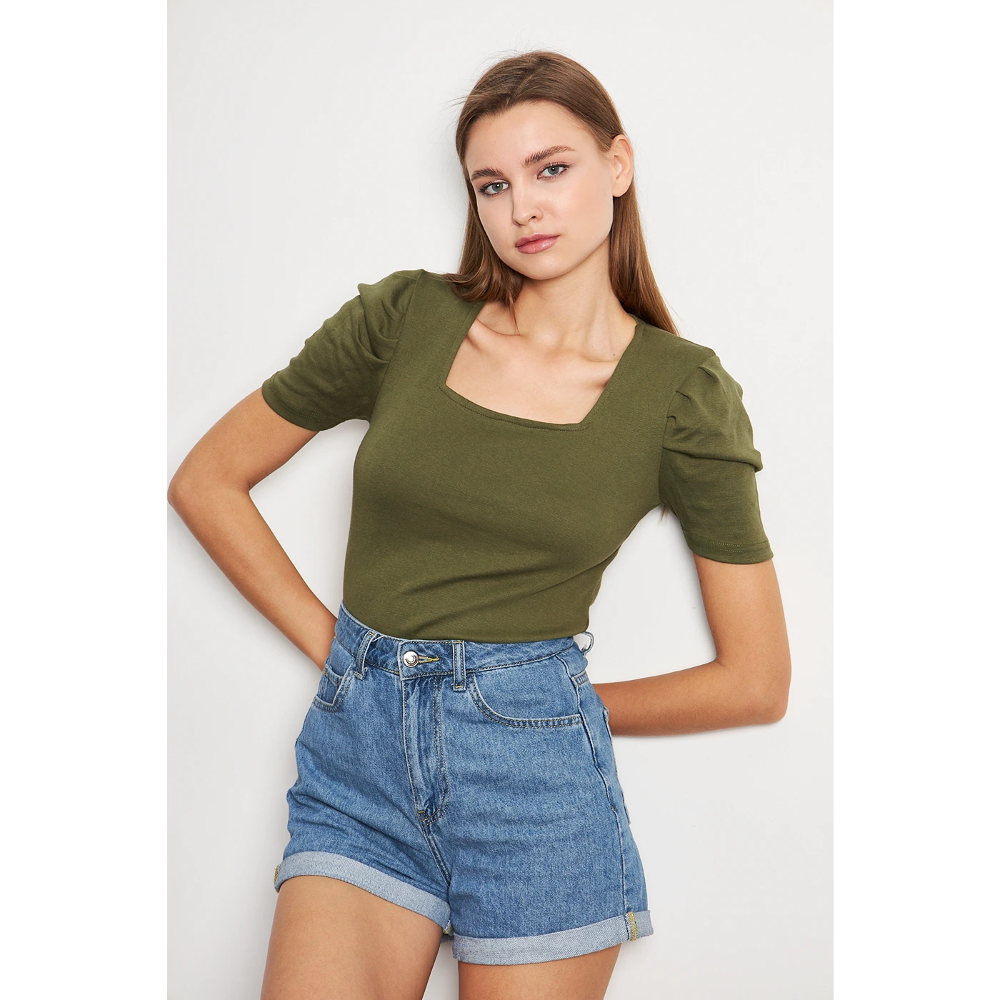 Olive Square Neck Puff Sleeves Top