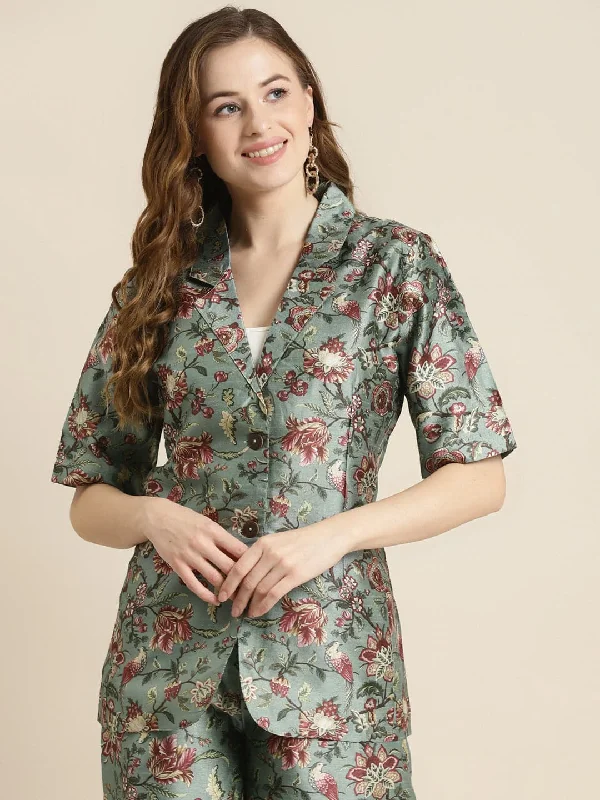 Olive Floral Short Sleeves Blazer