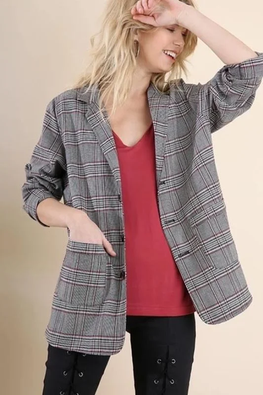 Umgee Plaid Blazer Jacket - Black/Red